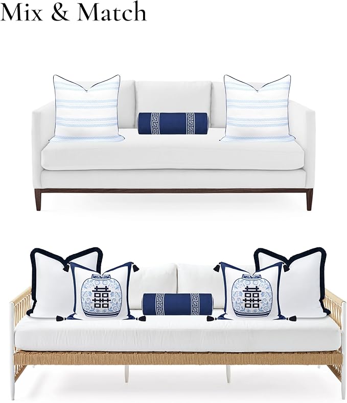 Hofdeco Premium Coastal Hampton Patio Indoor Outdoor Bolster Pillow Cover Only, 8"x24" Water Repellent for Backyard, Couch, Poolside, Navy Blue Embroidered Greek Key