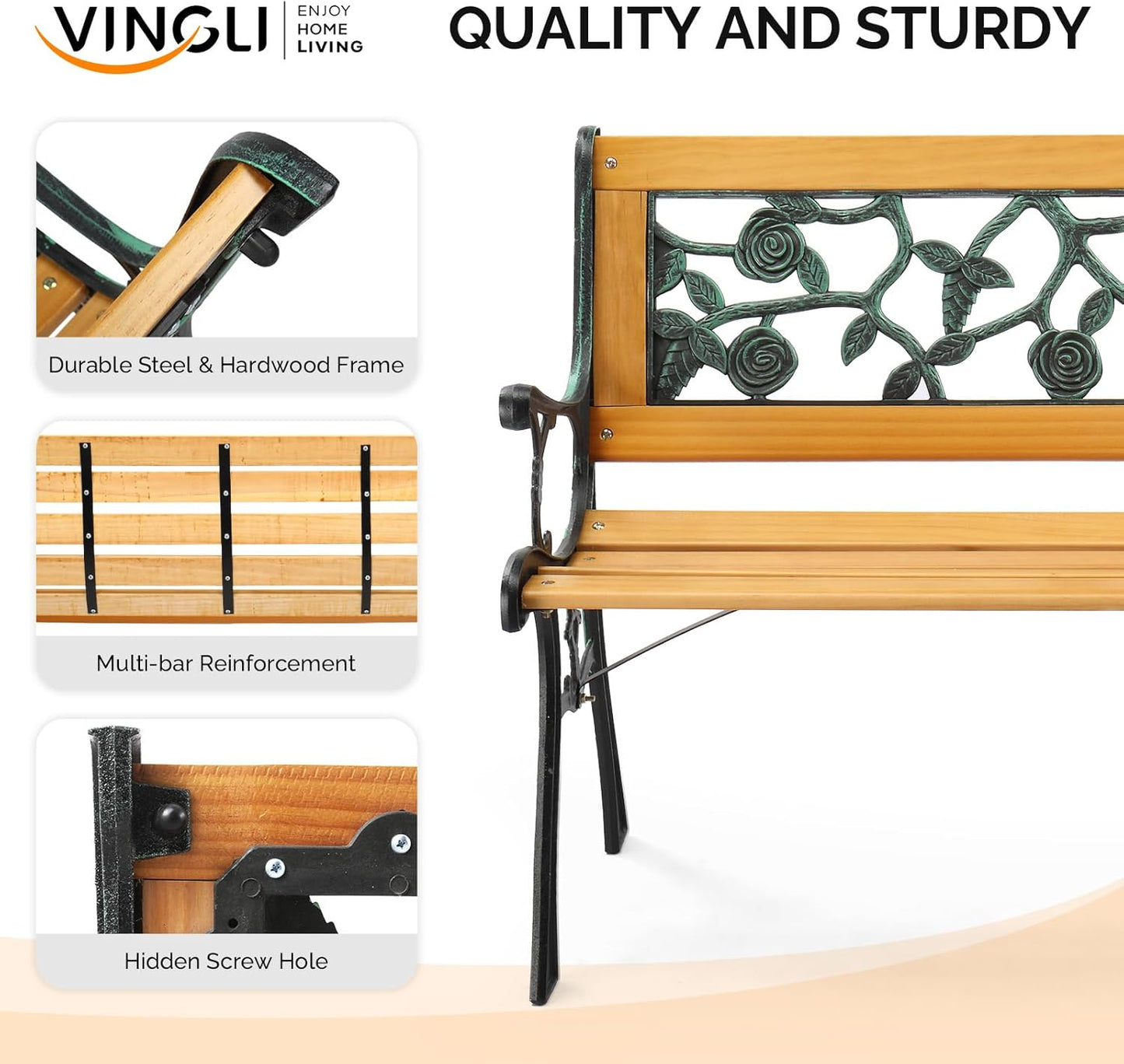 VINGLI Outdoor Bench Metal Garden Bench, Wood Patio Benches w/PVC Backrest Cast Iron Love Seat Park Benches for Porch Yard (Rose)