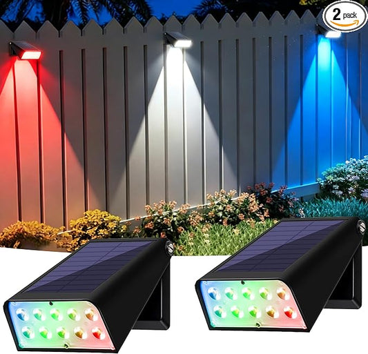 Solar Lights Outdoor Waterproof, Father's Day 4th of July Decor Gift, 6-Mode RGBW Color Changing, 90° Adjustable, Auto On/Off for Fence, Patio, Garden, Yard, Pathway, Porch (2-Pack)