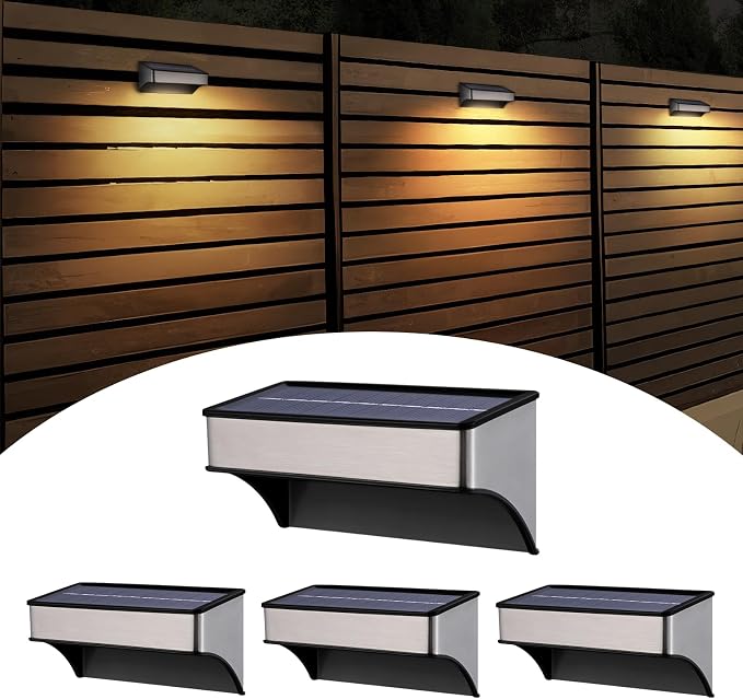 Solar Deck Lights 4 Pack Outdoor Waterproof - Step Lights for Stairs & Fence, 8 Color Changing Security Lighting with Auto On/Off, Wall Lights for Patio/Yard/Pathway (Warm/Cool White + RGB)