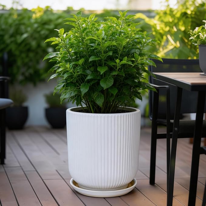 Deep Dream 10 Inch Ceramic Pots for Plants, Heavy Plant Pot for Indoor Outdoor Plants, Large Plant Pot with Drainage Hole and Saucer, Modern Tall Flower Pot, Gifts for Plant Lovers, White
