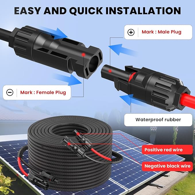 Twin Wire 20FT 10AWG Solar Extension Cable with Protection Cover, Solar Cable Extension Kit Solar Panel Connectors, IP68-Female and Male Connector, Solar Panel Cables for Home Boat RV Solar Panels