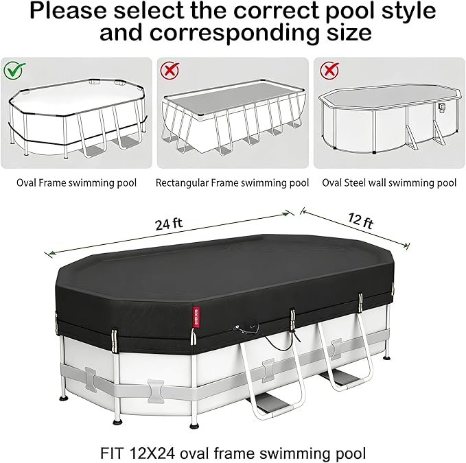 QH.HOME 12X24ft Oval Pool Cover,[Ultimate Windproof & Tear-Resistant Fabric],Snug Fit with Patented Ratchet & Weight Rings,Solar Pool Cover for Above Ground Pools, Blocks Leaves &Waterproof