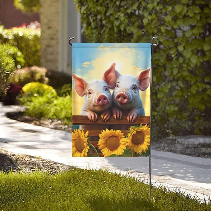 Delerain Two Pig Sunflower Garden Flag, 12.5 x 18 Inch Double Sided Design Weather Resistant Indoor & Outdoor Decoration Small Banner For Home Yard Lawn Patio Office