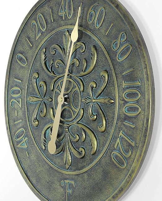 Blanc Fleur Aged Bronze - 15in Round Wall Thermometer, Aged Bronze Finish Case, Water Resistant