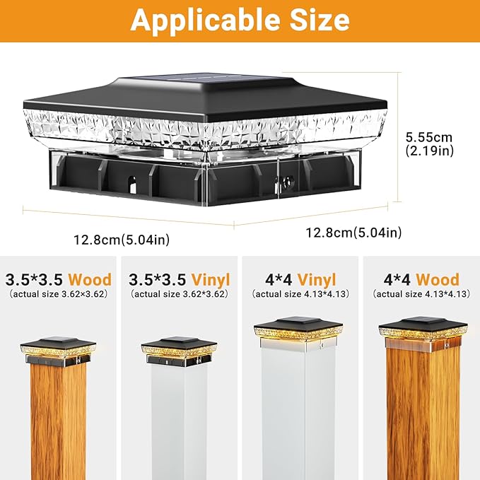 btfarm 4x4 Solar Post Cap Lights Outdoor, 2 Modes 16 LED Fence Deck Post Lights, 4 Pack Waterproof Black Solar Powered Lighting Outside Fit 4x4 3.5x3.5 Wooden/Vinyl for Porch Patio Garden