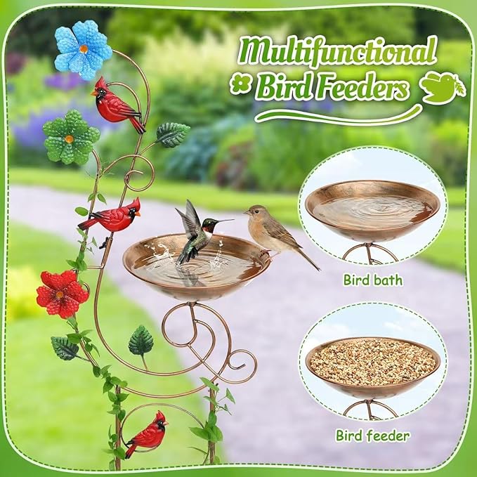 Metal Bird Bath with Trellis for Outside, 57” Height Birdbaths & Supports, Small Garden Decorative Trellises for Climbing Flowers Outdoor (Redbird)