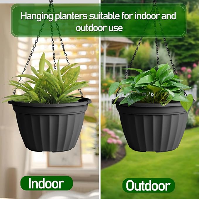 FGstyle 6 Pack Hanging Planters 10 Inch,Self Watering Pots for Indoor Plants,Plastic Hanging Basket with Soil Elevator and 20" Chain for Home Garden Porch Balcony Patio Decor(Black)
