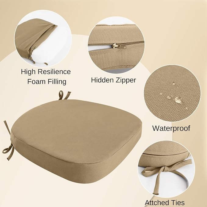 idee-home Outdoor Chair Cushions Set of 4, 19" x 19" Thick D-Shaped Patio Furniture Outdoor Seat Cushions Waterproof with Ties, Dining Pads