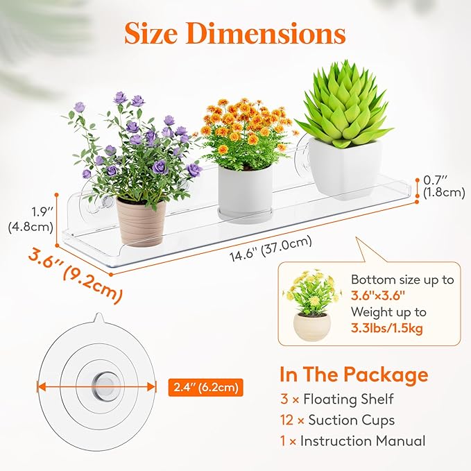 Lifewit Window Plant Shelves 14.6", 4 Pack Acrylic Suction Cup Floating Shelf for Bathroom Mirror, or Kitchen Wall, Clear No-Drill Window Sill Extender for Indoor Micro Greens 37 x 9 cm/14.6x3.6
