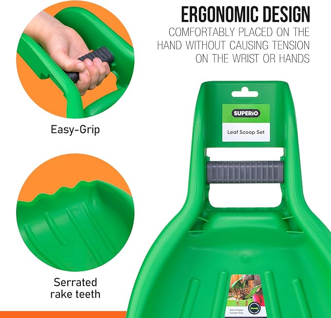 Child-Size Leaf Collector & Rake Set – Garden Leaf Scoops and Lawn Cleaning Tools for Kids, Includes 1 Rake and 1 Pair of Leaf Grabbers, Green Plastic – by Superio