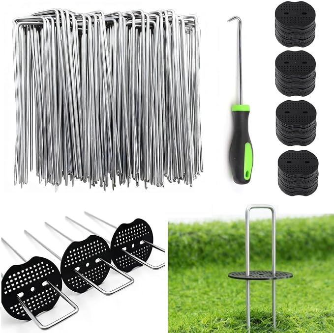 8 Inch 200 PCS Galvanized Landscape Staples with 200 PCS Gasket, Landscaping Fabric Stakes Weed Barrier Stakes Garden Spikes Ground Cover Staples
