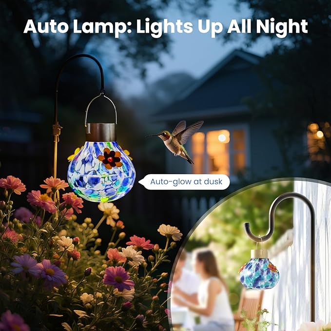 Hummingbird Feeder with Solar Light, Outdoor Glass Hummingbird Feeder, Auto-Lighting Solar Lamp for Garden Decor, 3 Feeding Ports Attract More Birds, Waterproof Design, Ideal Gift (Blue)