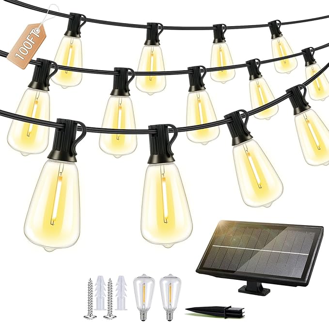 Outdoor Solar String Lights Waterproof: ST38 100ft Shatterproof Patio Lights - Solar Powered & USB Dual Charging - 3 Modes Button Control - Garden Backyard Gazebo Porch Party Decor