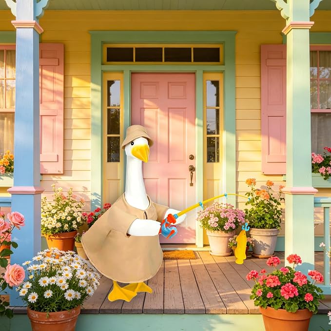 Fishing Porch Goose Outfits, Fisherman Costume for 23 Inch Plastic/Cement Goose, Goose Sculpture Clothes for Summer Yard Patio Party Decoration(Fishing Enthusiast 1)