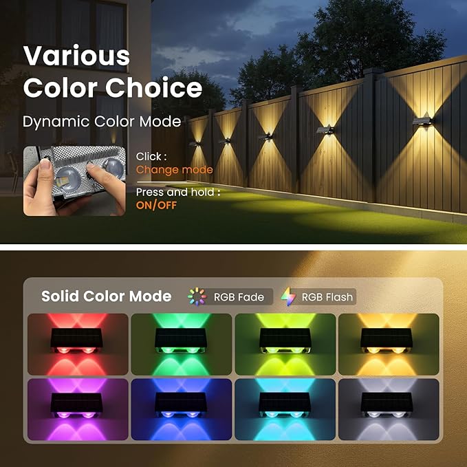 JOFIOS Solar Fence Lights Outdoor,12Pack,Warm White+RGB 9 Colors,1200mAh,Up and Down Fence Lights Solar Powered Waterproof,Solar Wall Lights for Fence,Backyard,Porch（Black）