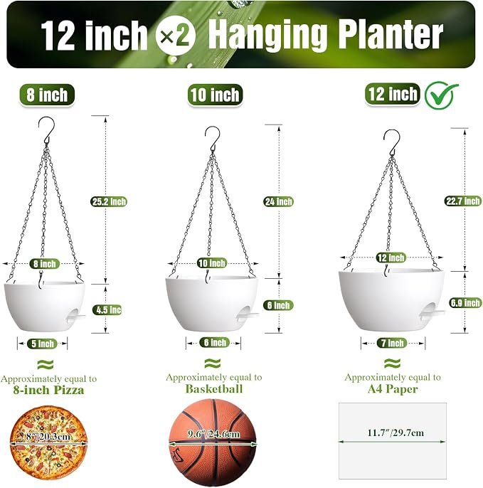 12 Inch Self Watering Hanging Planters, 2 Pack Plastic Plant Pots | Sturdy lightweight pot with side watering lip, drainage holes, snap-on detachable tray & hanging chain for easy care