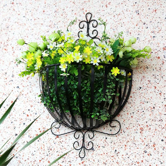 Metal Wall Planter Basket Hanging Plant Basket Flower Holder Half Round Hanging Flower Baskets for Porch Balcony Fence Decor Black