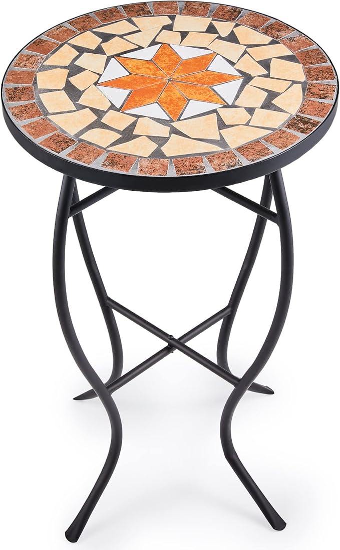 VONLUCE Mosaic Side Table and Plant Stand, 21" Round End Table with 14" Ceramic Tile Top, Indoor & Outdoor Accent Table, Porch Patio Furniture, Entryway & Coffee Table for Home & Garden, Maple