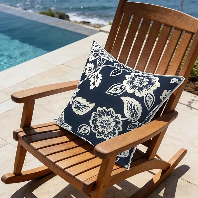 LVTXIII Outdoor Throw Pillows 18x18 Patio Waterproof Square Pillows with Piping Fade Resistant Accent Pillow for Spring Summer Garden Decoration, Set of 2, Elegant Vines Navy