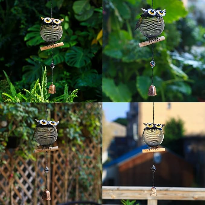 Solar Owl Bird Feeder Squirrel Proof for Outside - Unique Cute Metal Animal Shaped Wild Bird Feeder with Solar Light, Wind Chime, Gift for Bird Lovers(Owl)