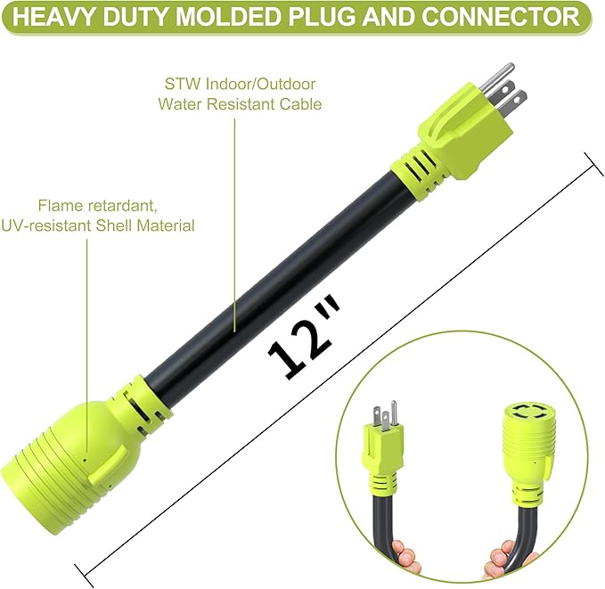 NEMA 5-15P to L14-30R Power Adapter Cord - 15 Amp Male Plug to 30 Amp Female Generator - Household 3 Prong to 4 Prong Twist Lock, STW 10AWG 1FT