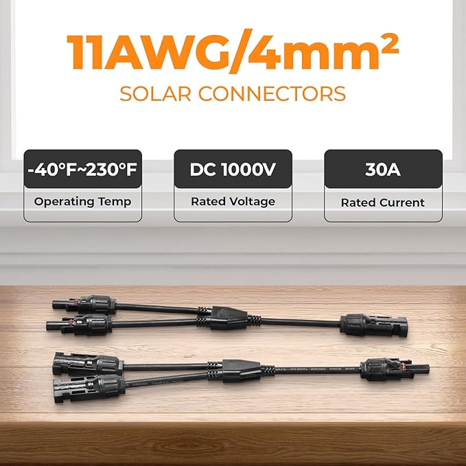 Solar Panel Connector 2 to 1 Solar Y Branch 2 Way 30A 1000V Solar Panel Splitter Y-Branch Cable Solar Panel Parallel Connectors Parallel Adapter for Solar Panel (1 Pairs)