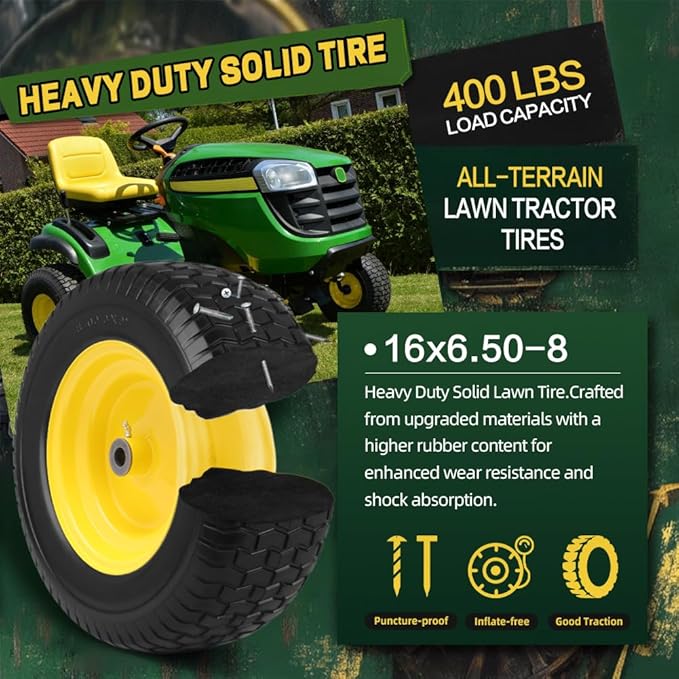 16x6.50-8 Tire and Wheel Assembly (2 Pack), Pre-Installed 3/4" Bushing, 3" Offset Hub, Flat Free Solid Rubber Tire, For Compatible 3/4" Axle Lawn & Garden Equipment (Yellow)