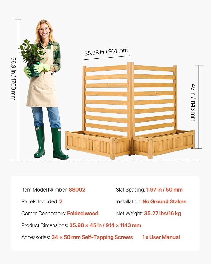 VEVOR Wooden Privacy Fence, 36 x 45 inch Air Conditioner Fence, 2 Slatted Panel Solid Outdoor Wood Privacy Screen with 2 Planters, Metal Stakes, Trash Can Hider Fences Suitable for Garden, Pool