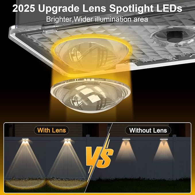 Solar Fence Lights Outdoor 8 Pack, Stainless Steel & IP65 Waterproof, 8 Lighting Modes High Brightness LED Spot Lens Deck Lights Dusk to Dawn for Backyard Stair Railing Patio Wall
