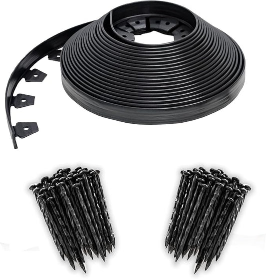 EasyFlex No-Dig Landscape Edging with BONUS Anchoring Spikes, 1.5 in. Tall Straight Top Plastic Garden Border, 100 Foot Kit, Black