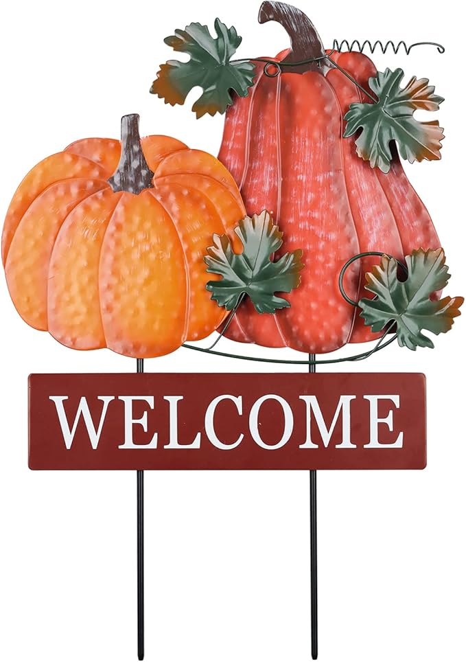 YEAHOME Fall Decorations for Home Outdoor, 22" Decorative Garden Stakes with 2 Pack Pumpkin Welcome Sign Fall Decor, Metal Yard Sign for Outside Garden Yard Lawn Patio Backyard Porch Decorations