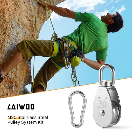 LAIWOO M20 Stainless Steel Pulley System Kit-Heavy-Duty Pulley Wheel, Pulley Block with Nylon Rope, Hooks, Eye Pad Plate, and Rope Cleat - Ideal for Lifting, DIY Projects, and Clothesline (2 Pack)