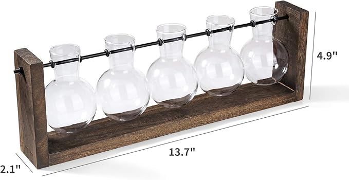 Mkono Plant Terrarium with Wooden Stand, Wall Hanging Glass Planter Desktop Plant Propagation Vase with Metal Swivel Retro Rack for Hydroponics Plants Home Office Decor