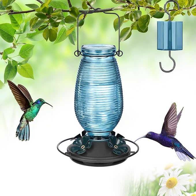 FEED GARDEN Glass Hummingbird Feeder for Outdoors Hanging, 20 OZ Humming Birds Feeders with 6 Bee Guard Feeding Ports & Built-in Ant Moat, Bird Feeder for Outside, Blue,1 Pack
