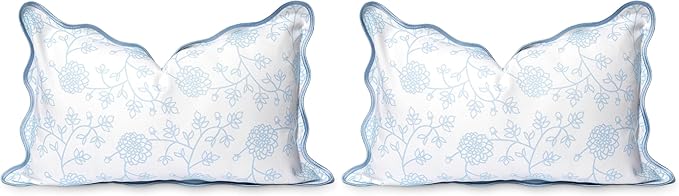 Hofdeco Premium Coastal Patio Indoor Outdoor Scalloped Lumbar Pillow Cover Only, 12"x20" Water Repellent for Backyard, Couch, Baby Blue Print Dahlia Floral (Pack of 2)