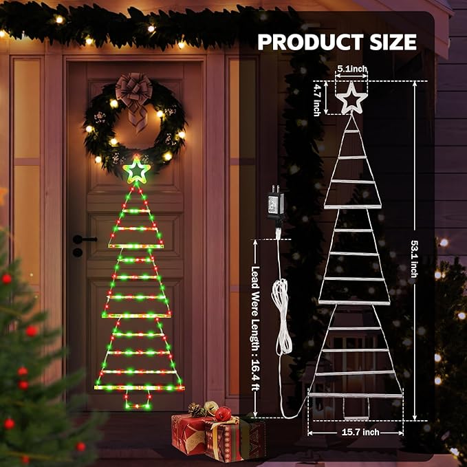 LED Christmas Lights Outdoor,4.6ft 189 LED Christmas Tree Ladder Light with Star Topper 8 Modes Christmas Decorations Lights for Indoor Outdoor, Window, Garden, Home, Wall, Xmas Tree Decor-Red &Green