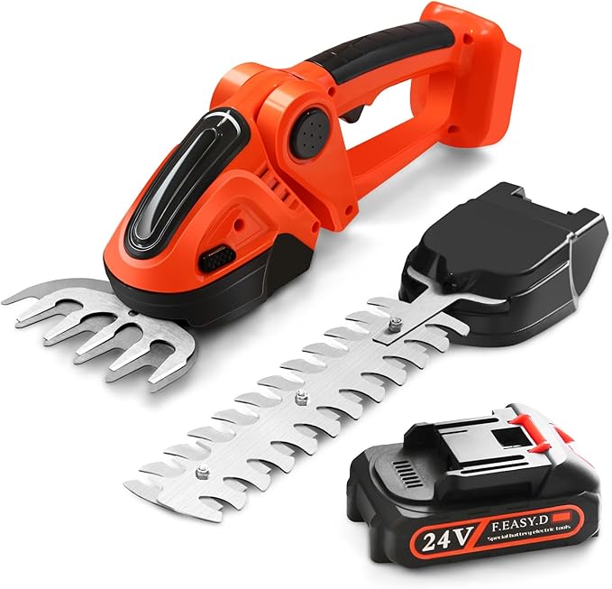Hedge Trimmer Cordless 24V, 2-in-1 Grass Cutter & Shrub Trimmer, 90° Adjustable Head, Handheld Hedge Trimmer for Lawn Edging & Garden