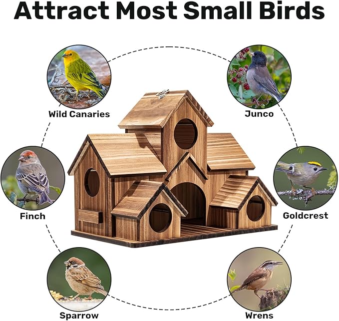 Bird Houses for Outside, 5-Hole Wooden Birdhouse for Bluebirds Finch Swallow Wren Chickadee Hummingbird, Hanging Bird House for Outdoor Clearance Garden Courtyard