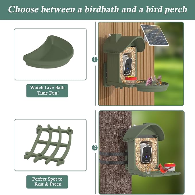 Bird Feeder with Camera, 3K Smart Bird Camera with AI Identification & Bird Bath, Solar Powered Wireless Outdoor Bird House with Spill-Proof Net, Ideal Backyard Watching Gift to Bird Lovers