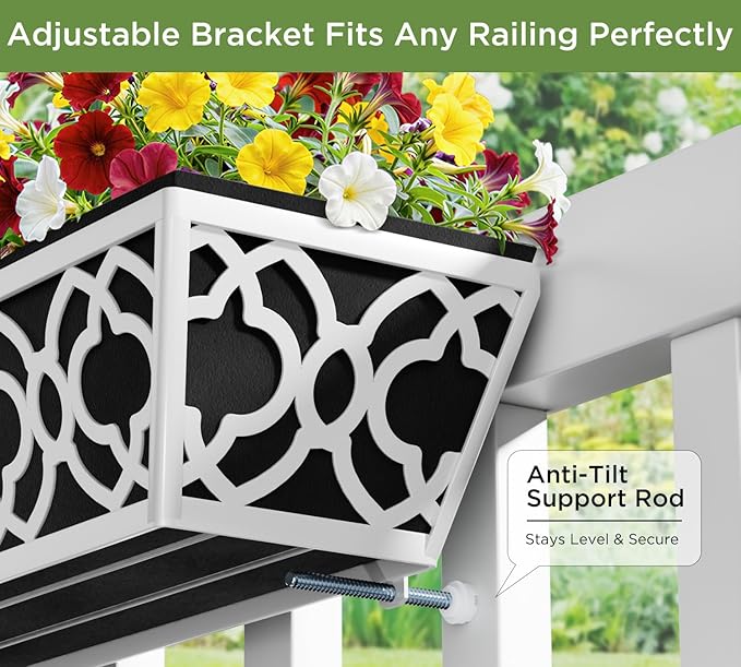 Y&M 2Pcs 24'' Railing Planter Box Set with Black Non-Woven Fabric Liner, Flower Boxes with Adjustable Brackets, Large Metal Hanging Window Boxes for Fence, Deck, Balcony, and Garden