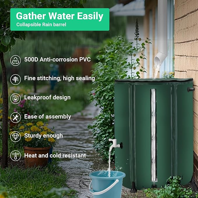 FAMIROSA 50 Gallon / 200L Collapsible Rain Barrel, Foldable PVC Rain Barrels to Collect Rainwater from Gutter, Portable Water Storage Tank Container with Spigot, Water Catcher Collector Green