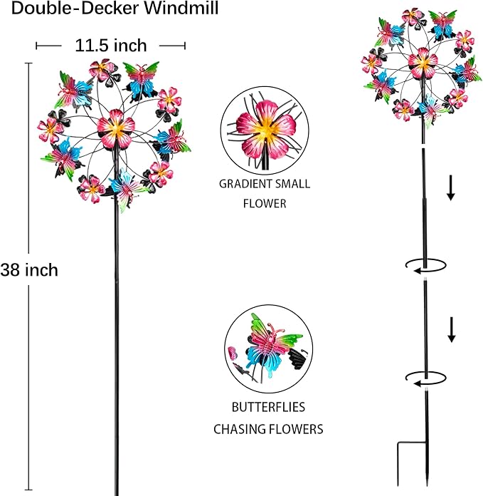 360° Butterfly Wind Spinners Outdoor Metal, Double-Layered Kinetic Wind Spinner with Stake, 38"×11.5", Wind Spinners for Yard and Garden (Butterfly)