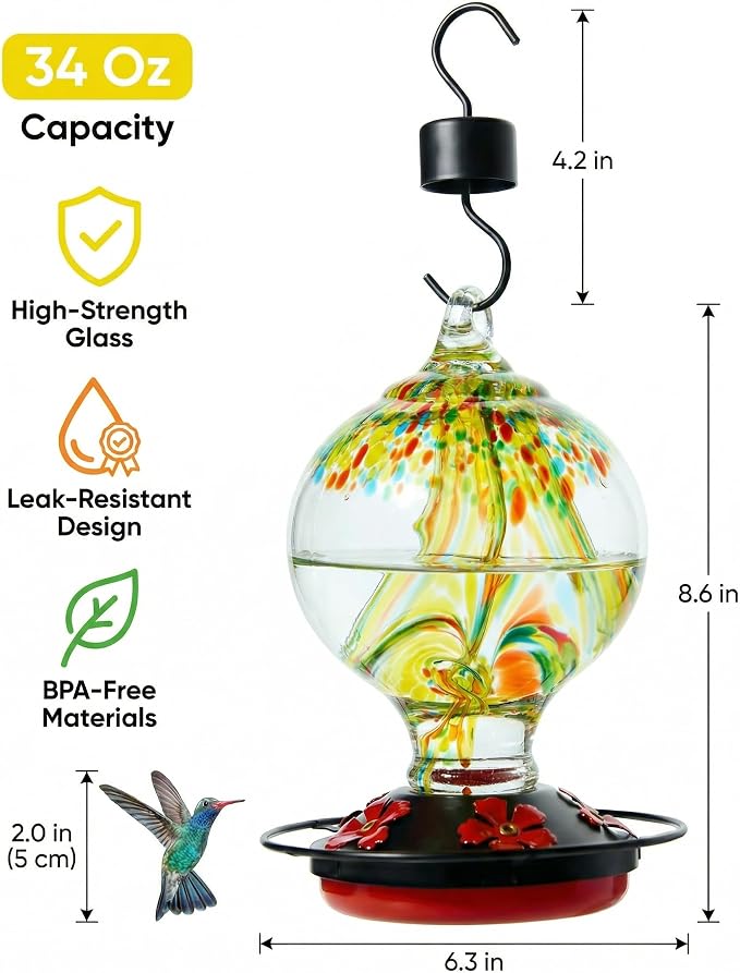 Hummingbird Feeder for Outdoors Hanging, 34 Oz, Handcrafted Gift Inner Glass Décor for Bird Garden Lover, Ant Moat & Bee-Resistant Ports, Hook & Brush Included (Golden Meadow)