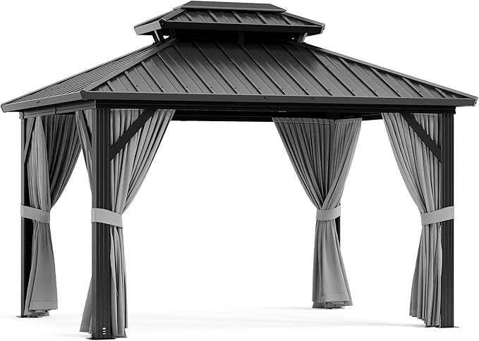 10' x 12' Hardtop Gazebo, All Weather Heavy Duty Aluminum Frame Double Metal Roof Outdoor Gazebo, Gray Patio Pavilion with Mesh Netting & Privacy Curtains, Perfect for Backyard, Garden, Porch & Poolsi
