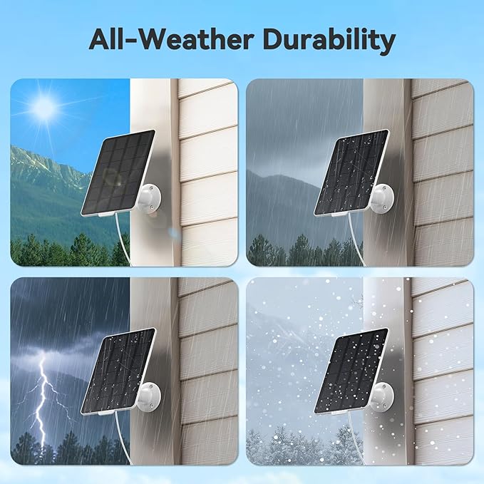 3W Solar Panel for Battery-Powered Security Cameras,USB-C & Micro USB Solar Charger for Wireless Outdoor Cameras,IP65 Waterproof, 9.8ft Cable, 360° Adjustable Mount (White, 1 Pack)