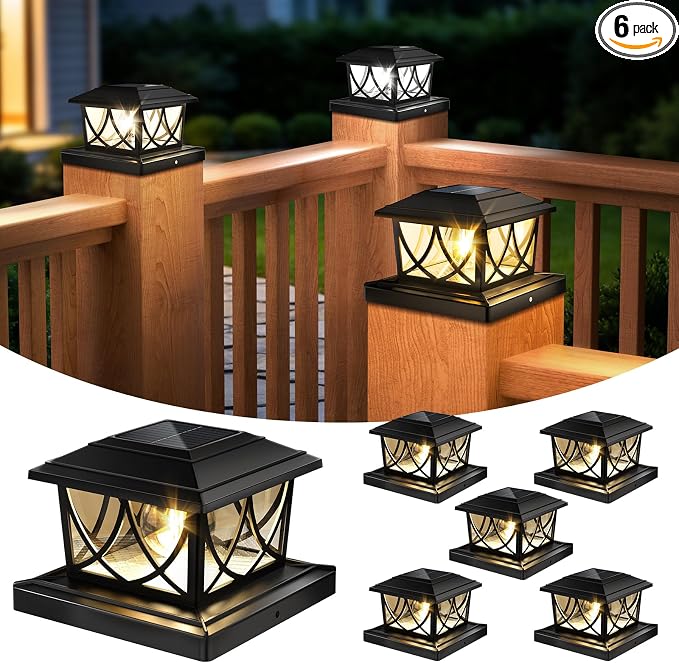 NIORSUN Solar Post Lights Outdoor, Fence Post Solar Lights with 3 Color Temps &2 Brightnesses, Edison LED Bulbs Fence Deck Decor, 4x4 Posts Caps, 4x4 &5x5 Vinyl, 4x4 &6x6 Wooden (6 Pack,Black)
