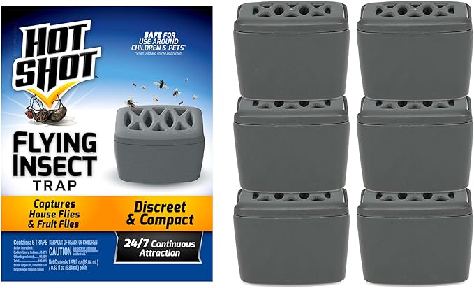 Hot Shot Flying Insect Trap, Discreet, Hassle-Free Trap Attracts, Captures House Flies and Fruit Flies, 24/7 Continuous Attraction, No Plug-in Or Electricity Needed, 1.98 Ounce, 6 Count