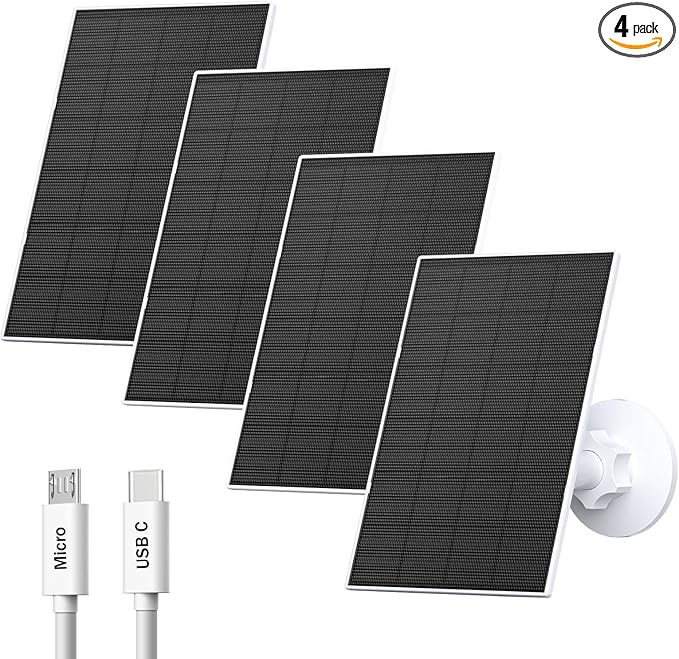 Zivif Solar Panel Charger for Security Cameras, 2W Solar Panel with Micro USB & USB-C Ports for Rechargeable Battery Camera, 360° Adjustable Mount (4 Pack)