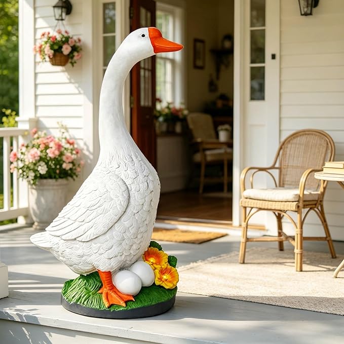 GasSaf 23 Inch Porch Goose Outdoor Garden Statue, Large Porch Goose for Garden Yard Patio Balcony Decor, Heavy-Duty & Independent Standing, Big Resin White Cygnus Sculpture, Father Gift